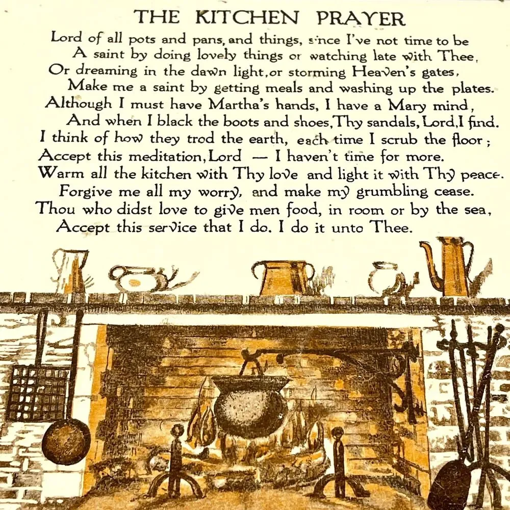 Vintage Mid Century The Kitchen Prayer Wood Framed Ceramic Tile Trivet Japan